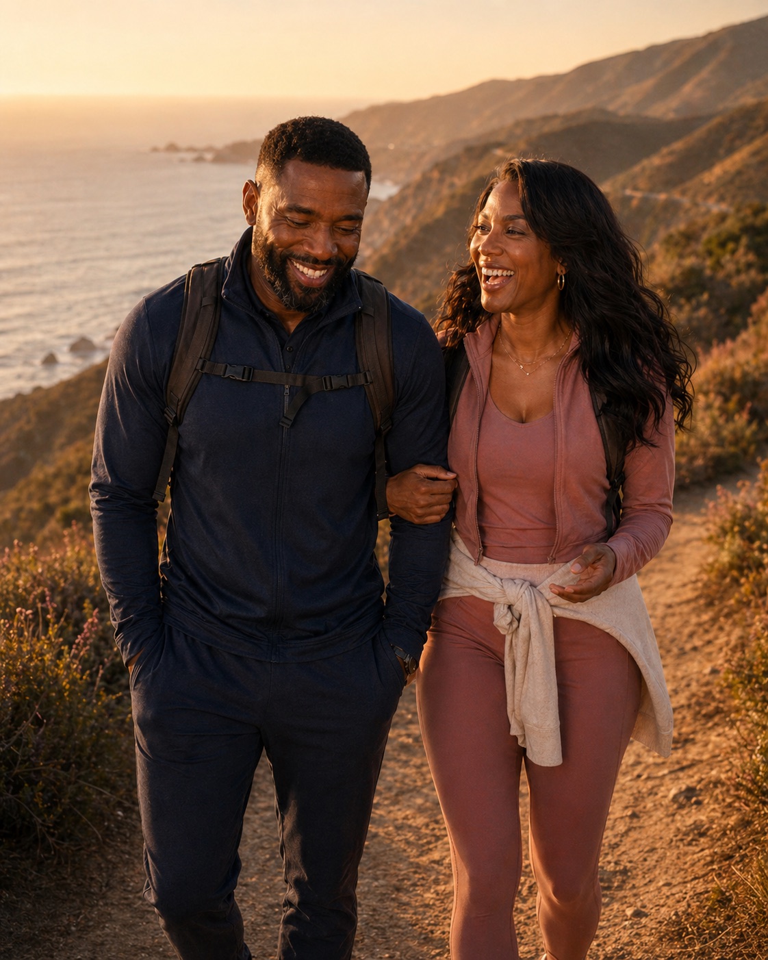 A couple walking a coastal trail together at golden hour